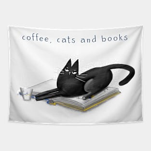 Cartoon black cat on a book and the inscription "Books, cats and coffee". Tapestry