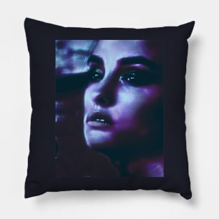 Portrait, digital collage and special processing. Woman. Like in night dreams. Blue and violet. Pillow