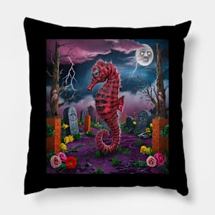 AI generated red striped seahorse in graveyard Pillow