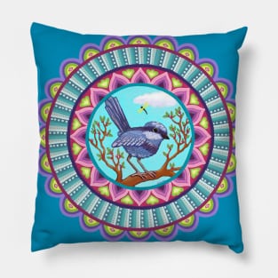 Australian Blue Wren Mandala Pillow