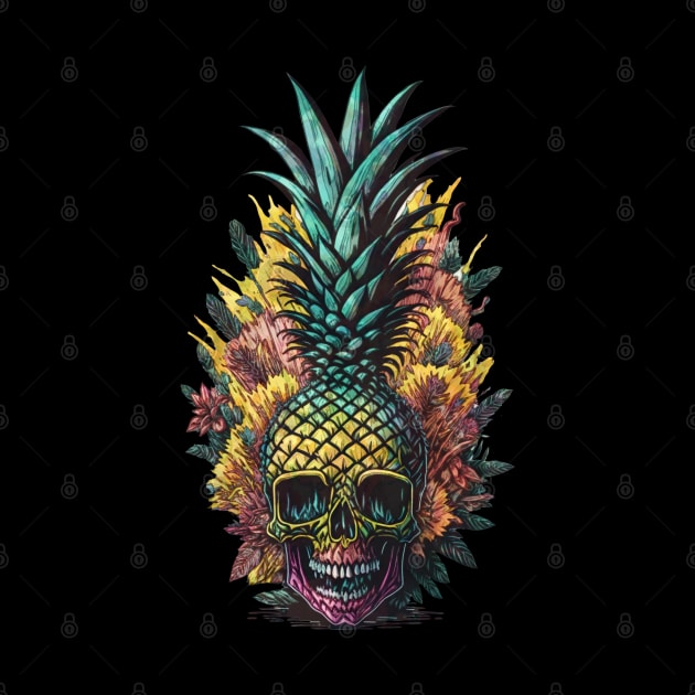 Summer color in skull Pineapple face, fruit summer, retro style by Collagedream