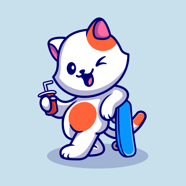 Cute Cat With Skateboard And Soda Cartoon by Catalyst Labs