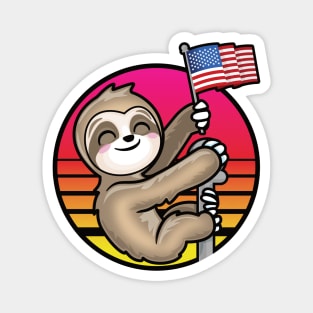 Kawaii Patriotic Sloth Holding USA Flag Retro Sun Magnet