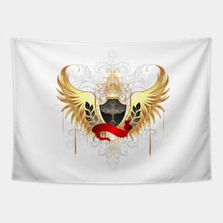 Black shield with golden wings Tapestry