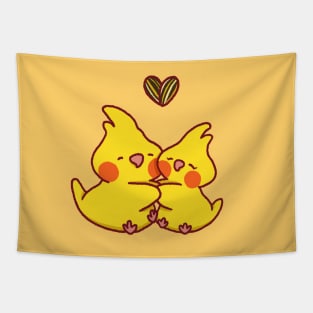 Cockatiels hugging Tapestry