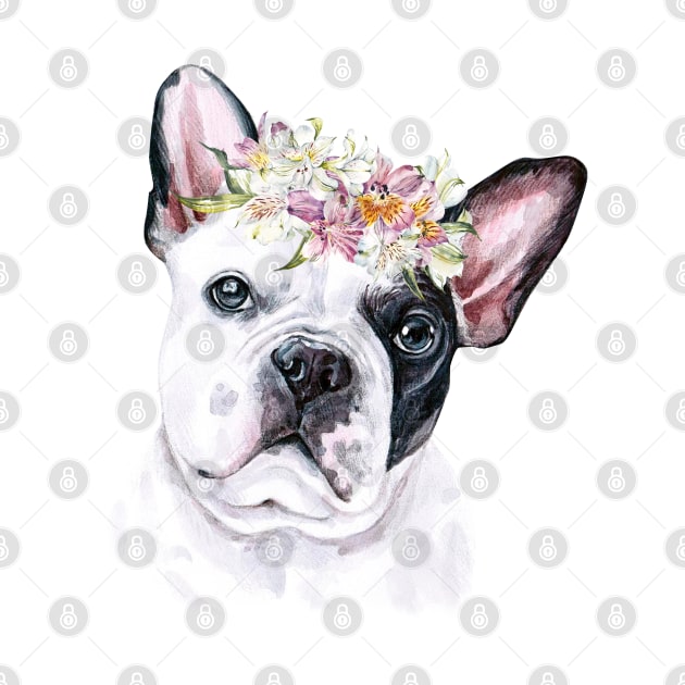 Cute French Bulldog with Pink Flower Hair Wreath Illustration Art by AdrianaHolmesArt