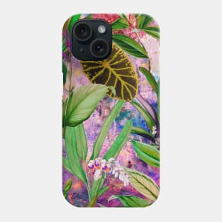 Tropical tropical floral leaves and foliage botanical illustration, pink purple leaves pattern over a Phone Case