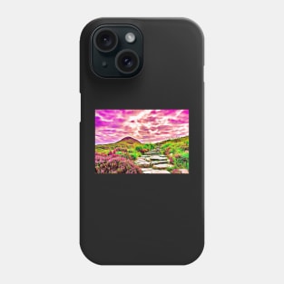 Purple Aesthetic Mountain Landscape Field of Flowers Stone Steps Phone Case