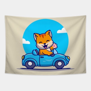 Cute Cat Driving Car Cartoon Tapestry