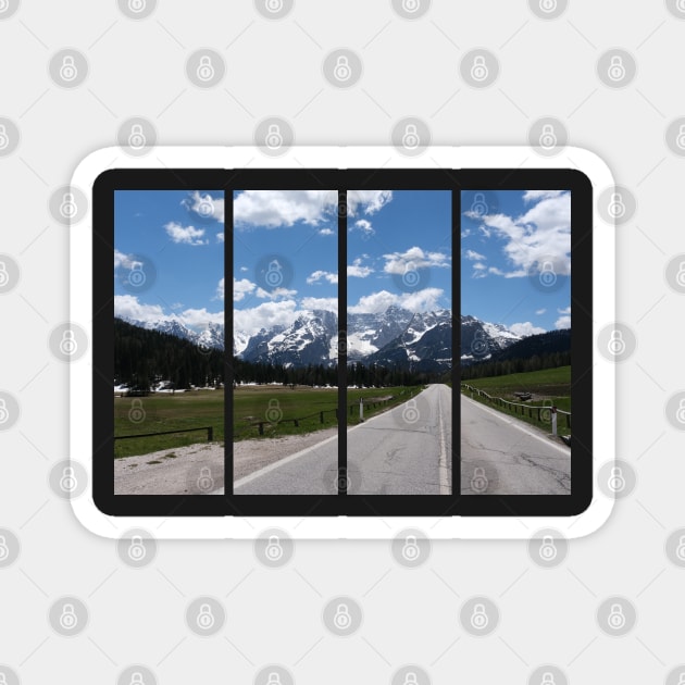 A shot on the move from the windshield of an electric car with italian snow-covered alps mountains in front of it. Sunny spring day. POV first person view shot on a mountain road. No people. Magnet by fabbroni-art