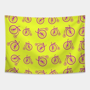 Purple Retro Bicycle Pattern on Yellow Background Tapestry