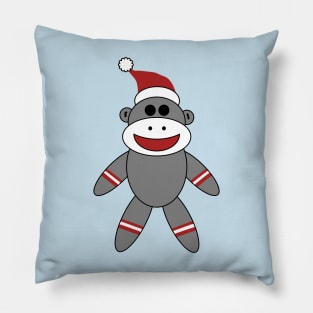 Cute Sock Monkey With Santa Hat Christmas on Blue Pillow