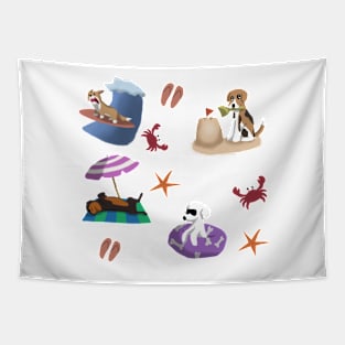 Dogs being cute at the beach pattern and sticker pack Tapestry