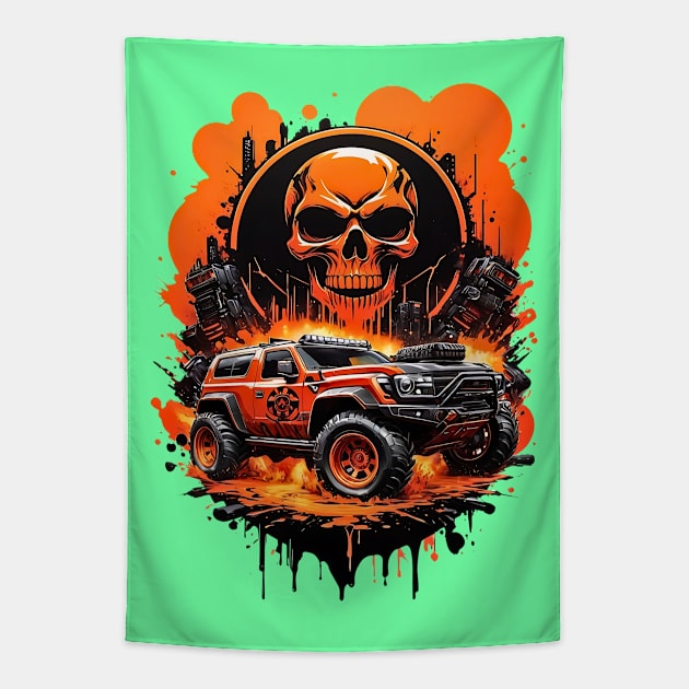 Cybertruck cyberpunk skulls apocalyptic futuristic scifi retro poster Tapestry by Neon City Bazaar