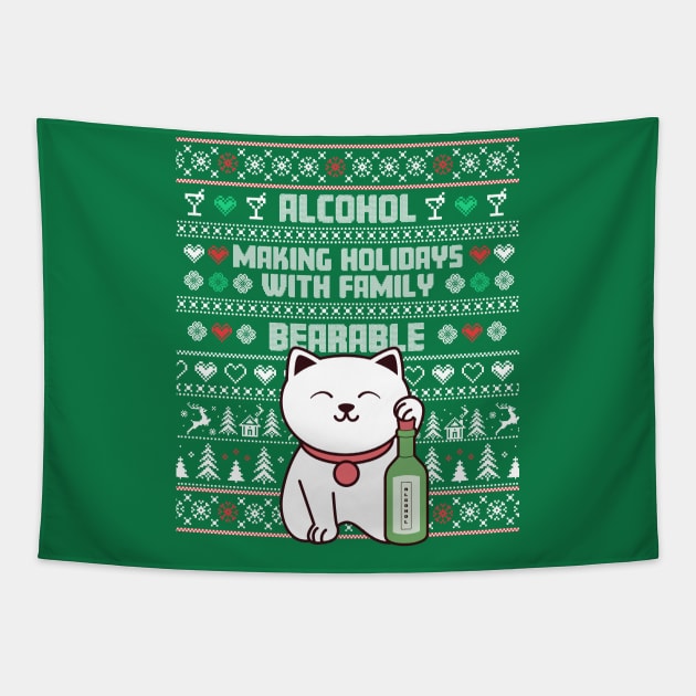 Ugly Christmas Sweater - Cute cat drinking alcohol Tapestry by MiaouStudio