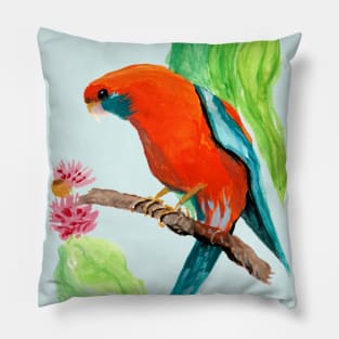 Crimson Rosella in the Gum Tree Gouache Painting Pillow