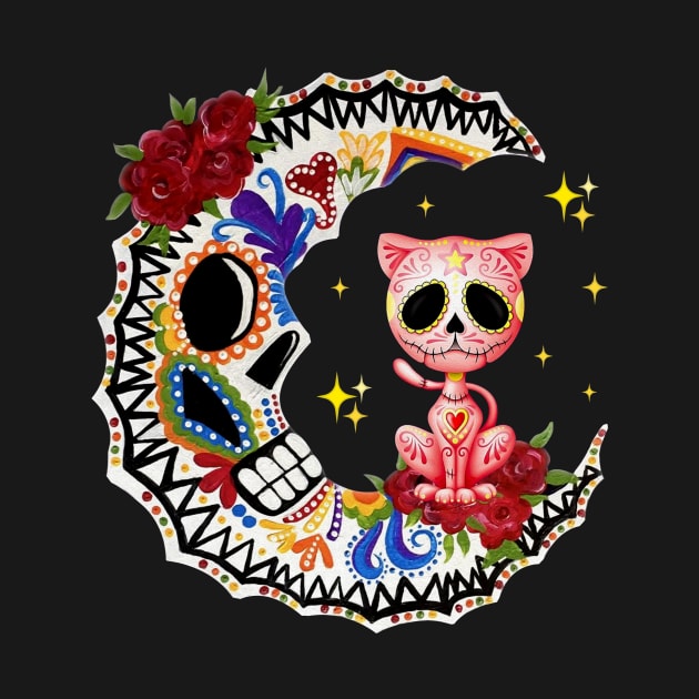 Halloween Sugar Skull Cat and Moon by Margaretsantana