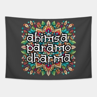 Ahimsa Paramo Dharma Mandala: Colorful Harmony in Red, Green, Blue, Yellow, Orange, Purple, Pink Tapestry