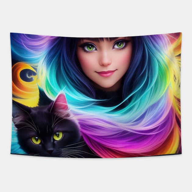 Furry Anime Girl and Cat Tapestry by Juka