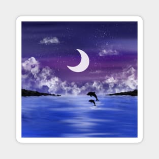 Night time seascape with jumping dolphins Magnet