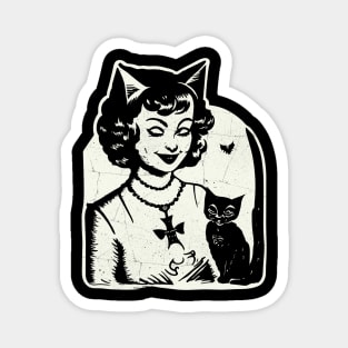 Vintage Halloween Girl and Black Cat Magnet