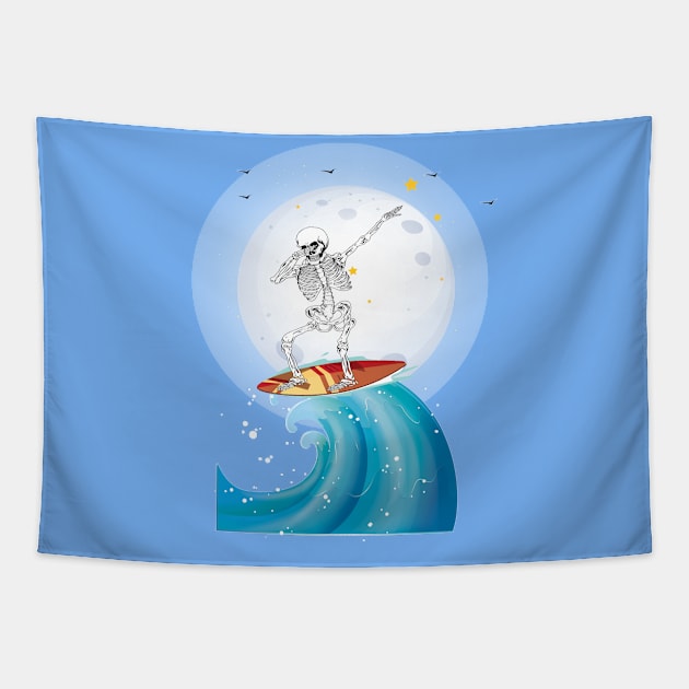 funny surfing skeleton Tapestry by good day store