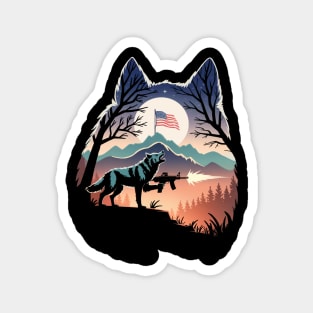 Howling Wolf Firing Gun Under US Flag Magnet