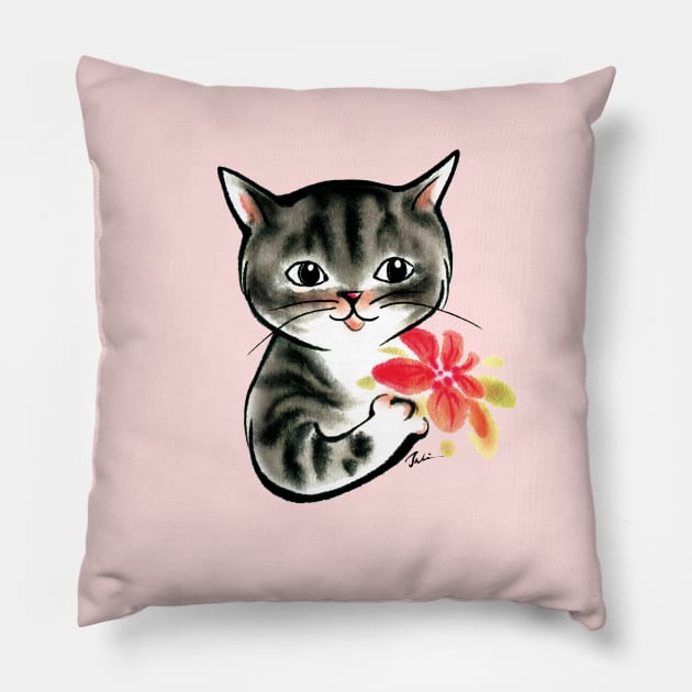 Cat with flower to mom Pillow by juliewu