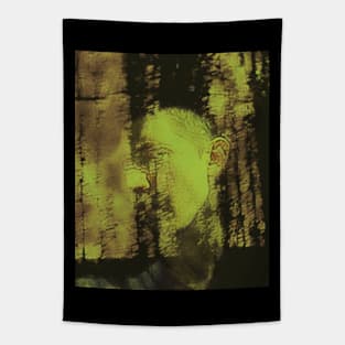 Portrait, digital collage and special processing. Masterpiece. Man looking to car window, reflection. Summer. Desaturated yellow. Tapestry