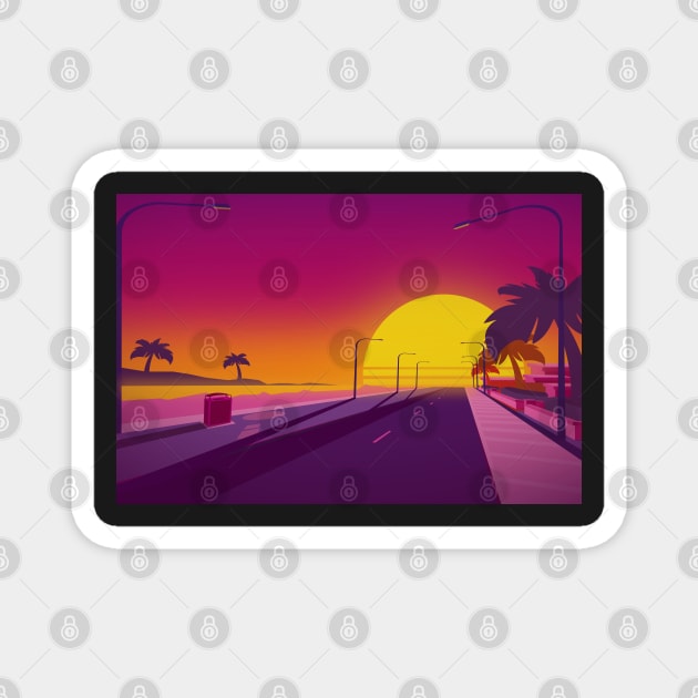 Retrowave Sunset Beach Street Magnet by MOULE