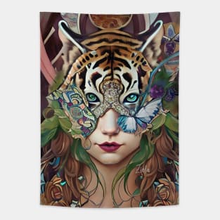 Stunning imaginative and Magical girl with mask of Tiger Tapestry