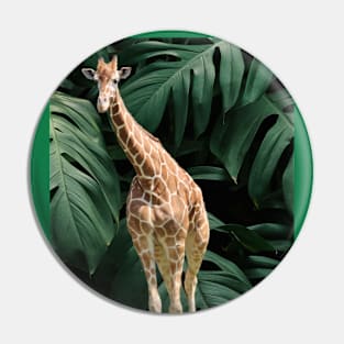 Long Necked Giraffe Surrounded by Green Leaves Pin