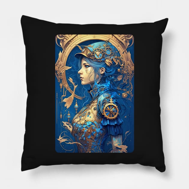 Steampunk Golden Blue Woman - A fusion of old and new technology Pillow by SMCLN