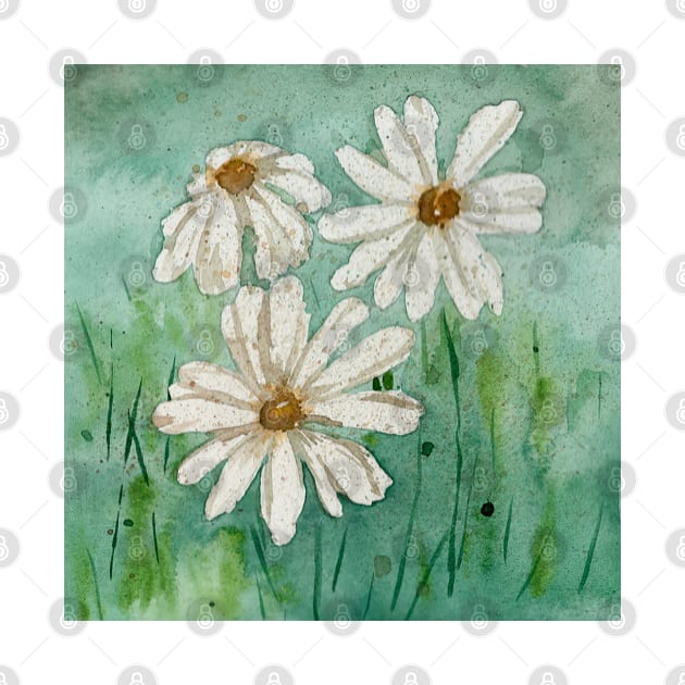 Watercolor Green Meadow Daisies in Rain by DesignScape by Janessa