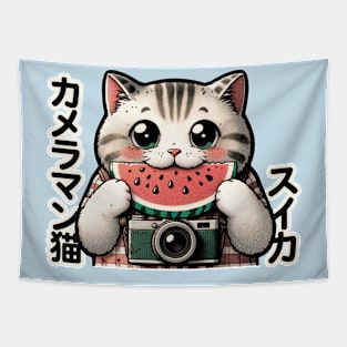 Japanese Photographer Cat with Watermelon - Eclectic Anime Tapestry