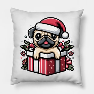 Pug In Present Dog Christmas Festive Santa Hat Pillow