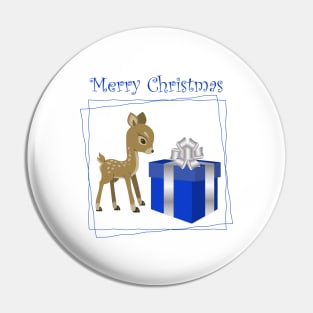 Merry Christmas deer with blue gift box Pin