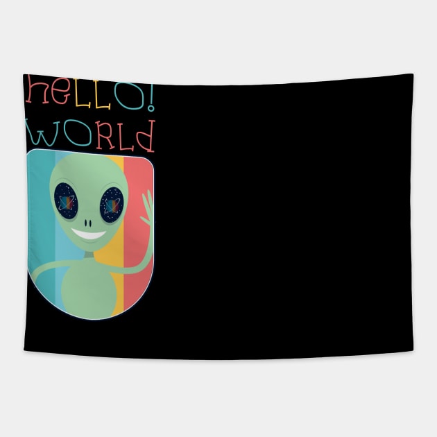 Funny Alien UFO :Hello! World Tapestry by JHFANART