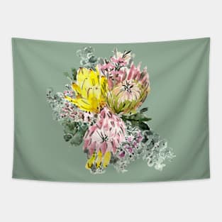 Watercolour pink protea and eucalyptus bunch Tapestry