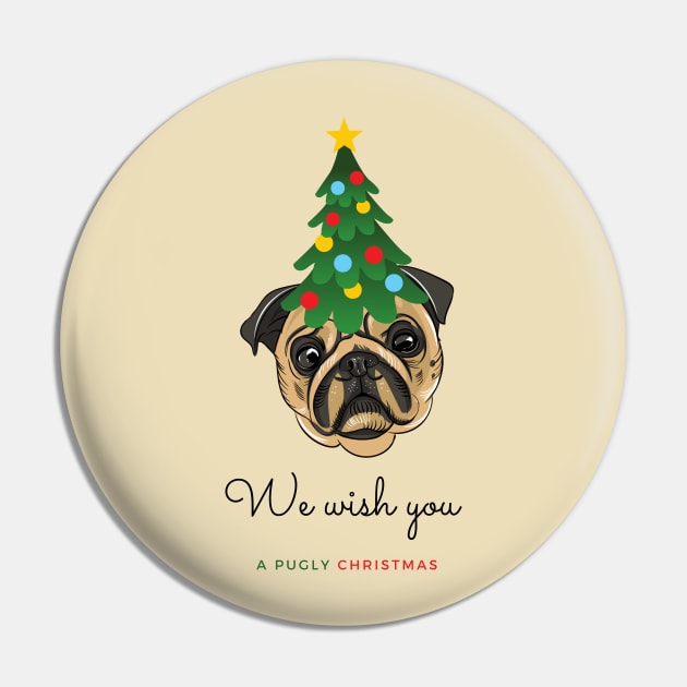 We Wish You a Pugly Christmas Pug Dog with Festive Tree on its Head Pin by Seasonal Dogs