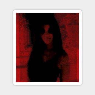 Portrait, digital collage and special processing. Somewhat scary, but pleasant girl. Dark side. Red. Magnet