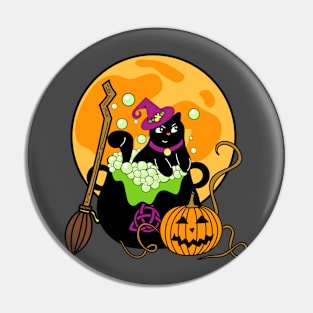 Witch Cat with Broomstick and Cauldron for Halloween Pin