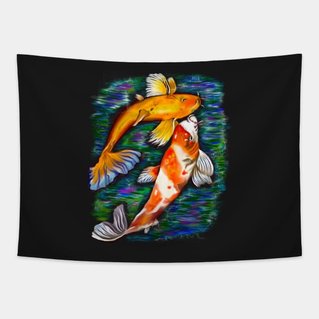 Best fishing gifts for fish lovers 2022. Koi fish pair couple swimming in koi pond Tapestry by Artonmytee