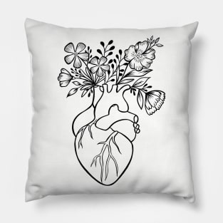 Floral Human Heart Anatomy | Line Art Pillow