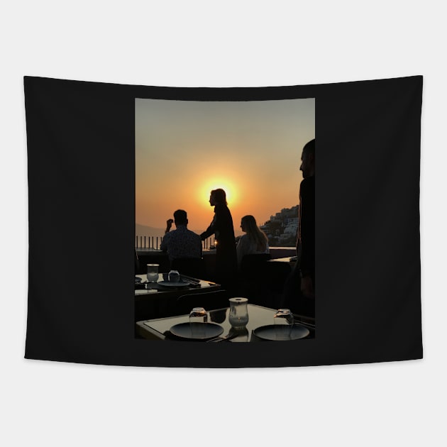 Santorini Sunset from a Restaurant Tapestry by ephotocard