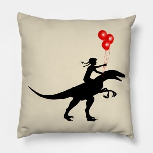 Little girl red balloon and raptor dinosaur Pillow