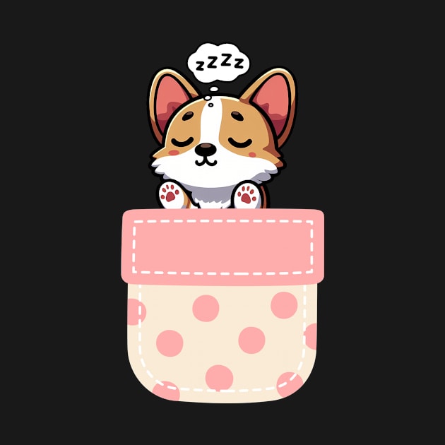 Sleepy Corgi in Polka Dot Pocket by Pink & Pretty