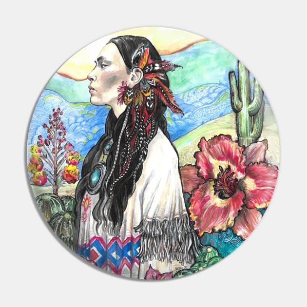 Desert Rose - Native American Woman Pin by FanitsaArt