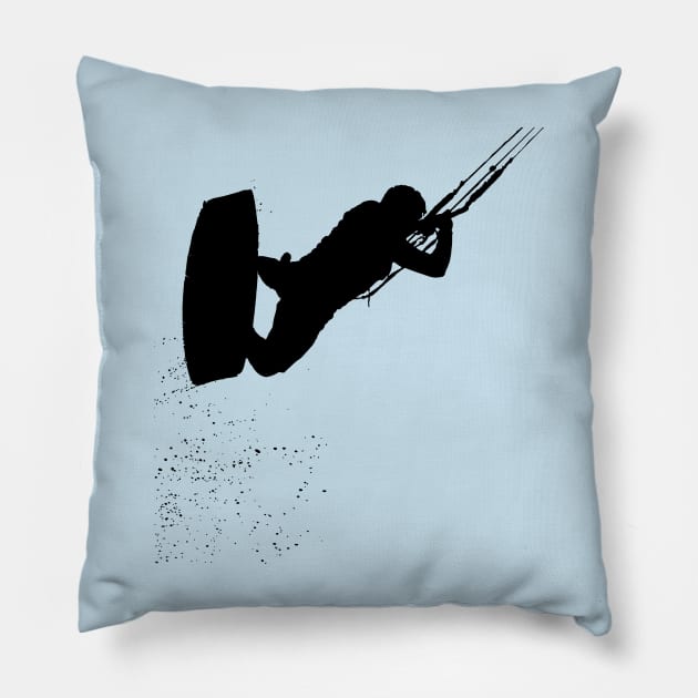 Kitesurfing Action Kite And Surf Silhouette Black Pillow by taiche
