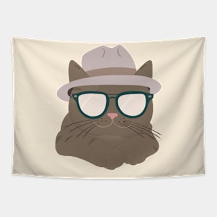 Chic Tabby: Minimalist Cat Art with Grey Hat & Sunglasses Tapestry